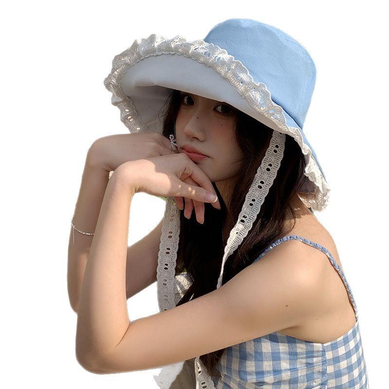 Lace Big Brim Denim Bucket Hat Girls Spring and Summer Face Small Sunshade Sunscreen Hat