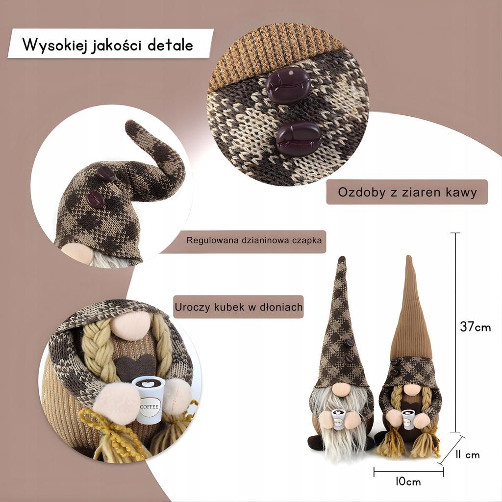 Krasnal skrzat świąteczny z kubkiem kawy gnom ozdoba świąteczna styl boho