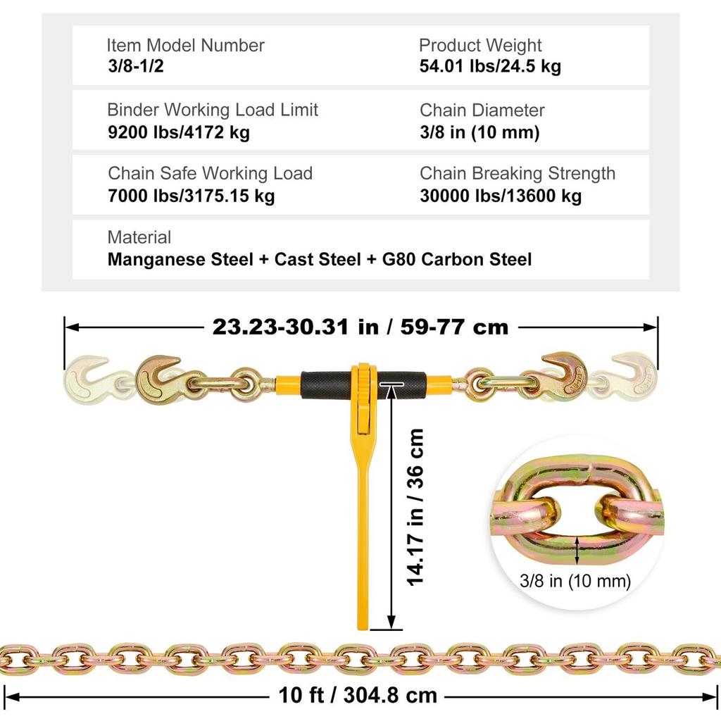 Chain and Binder Kit 3/8"-1/2" Ratchet Load Binder 3/8" X 10' Chain 2 Pack
