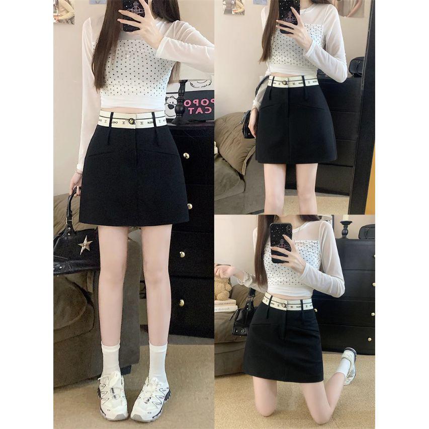 

Women s Versatile A-line Color Block High Waist Short Skirt – Slimming Design for Spring, Autumn, and Winter 4XL чёрный