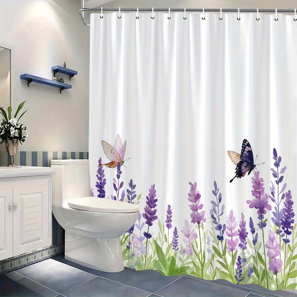 1 Watercolor Butterfly And Purple Flowers Shower Curtain - Tranquil Nature Scene With Hooks, Polyester Fabric, Machine Washable