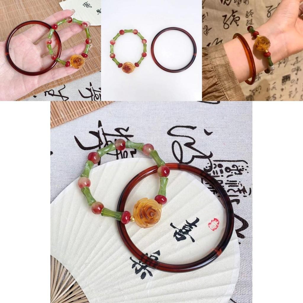 Exquisite Handcrafted Rose Beaded Bamboo Bracelet For Women Vintage Artistic Resin Bangle