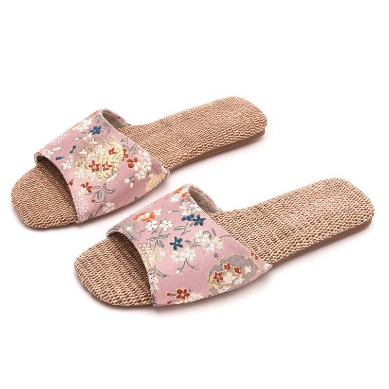 Fashion Breathable Indoor Linen Slippers For Women Men Home Floor Shoes Chinese Style Emrobidery Anti-slip Couples House Bedroom Slides