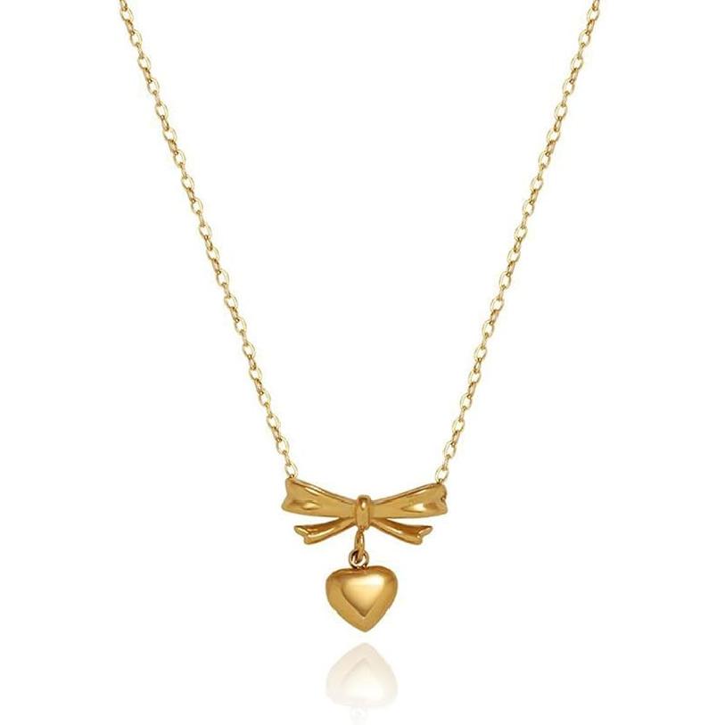 Bow Necklace for Women Ribbon Necklace Bow Heart Pendant Necklace Cute Sweet Bow Necklace Jewelry Gold1