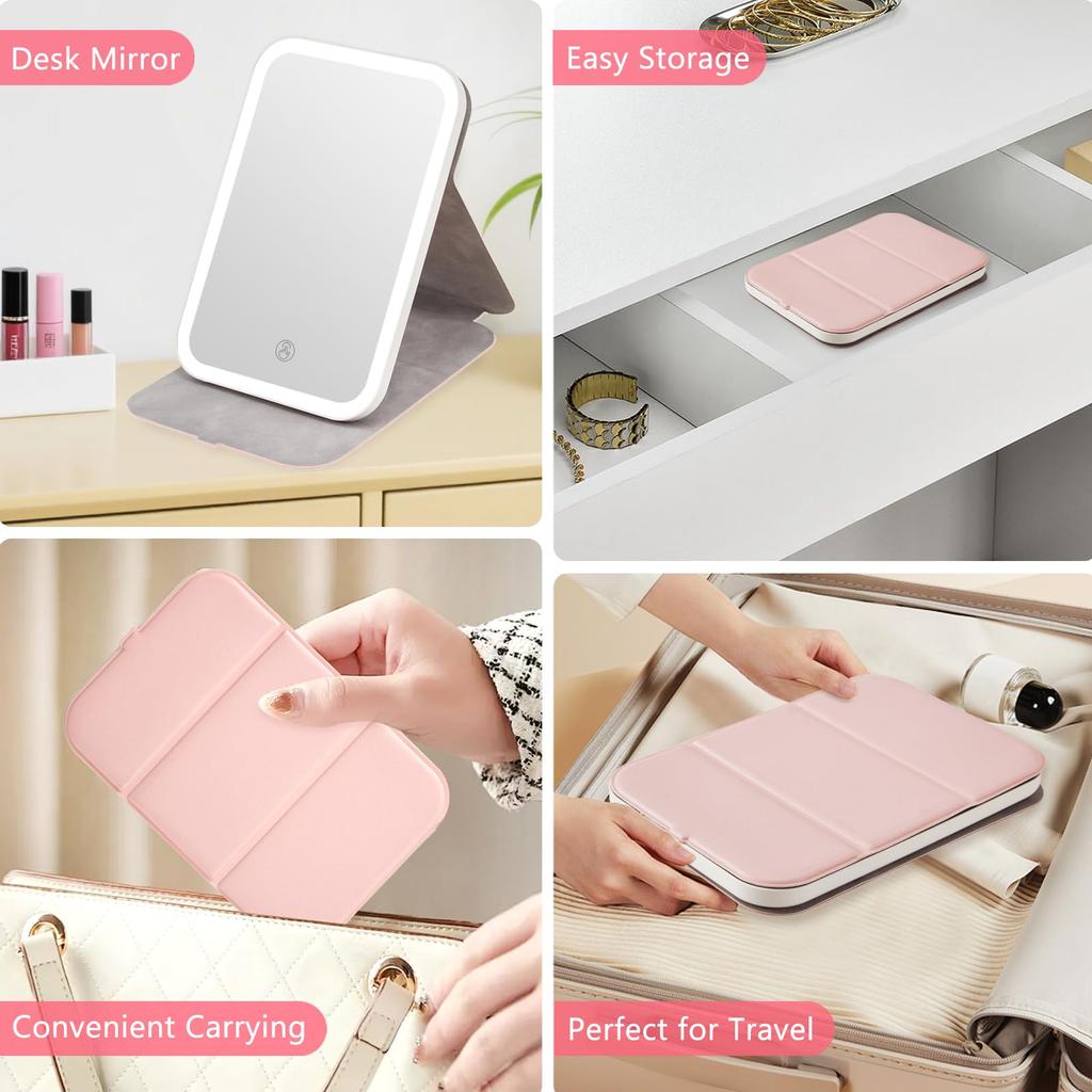 LunarCorky Compact Makeup Mirror with Adjustable PU Leather Tabletop LED Light 3 Stepless Adjustable Includes Japanese Instructions Pink Light,