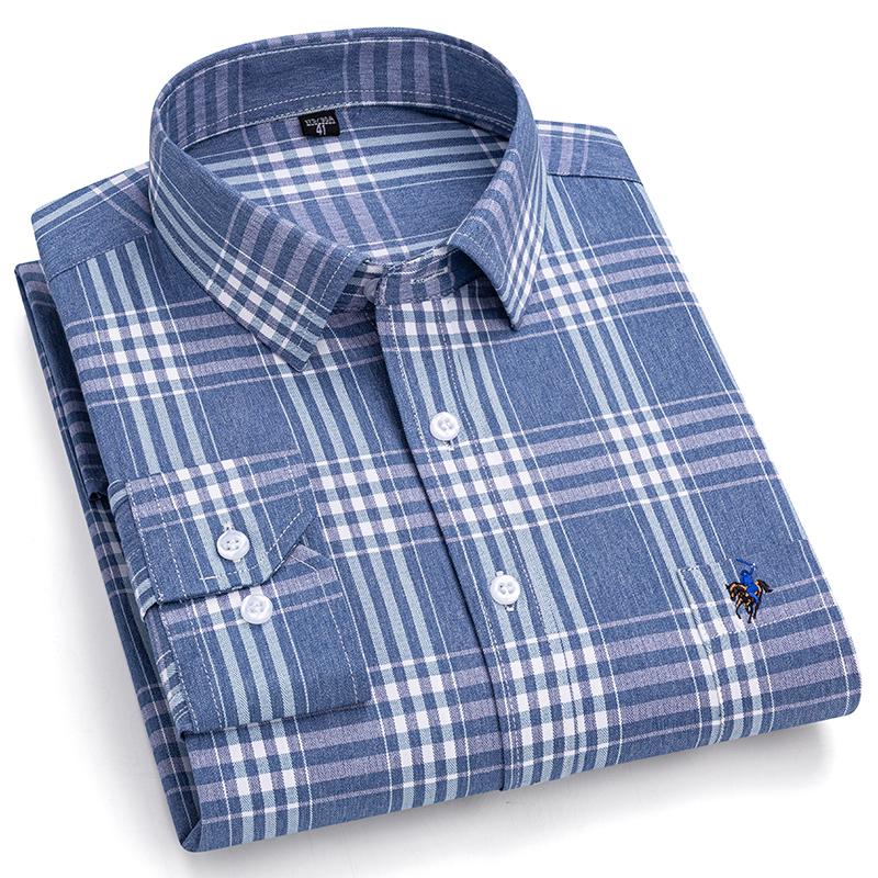 Pure Cotton Plaid Shirts for Men Logo Long Sleeve Quality Formal Business Man Shirt