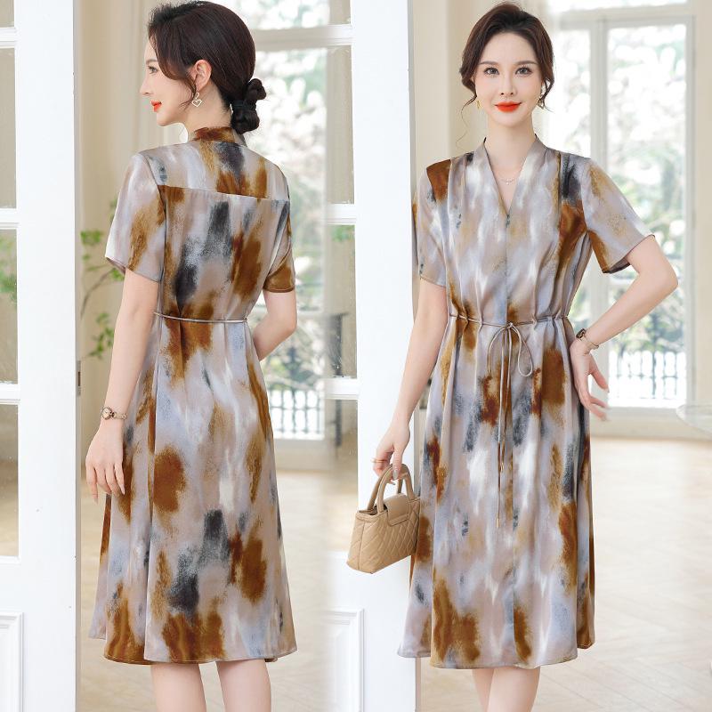 

Chiffon Belted Summer Dress for Middle-aged & Elderly Women - Fresh Seaside Style Mother s Wear L (suggested for 47.5-55 kg)