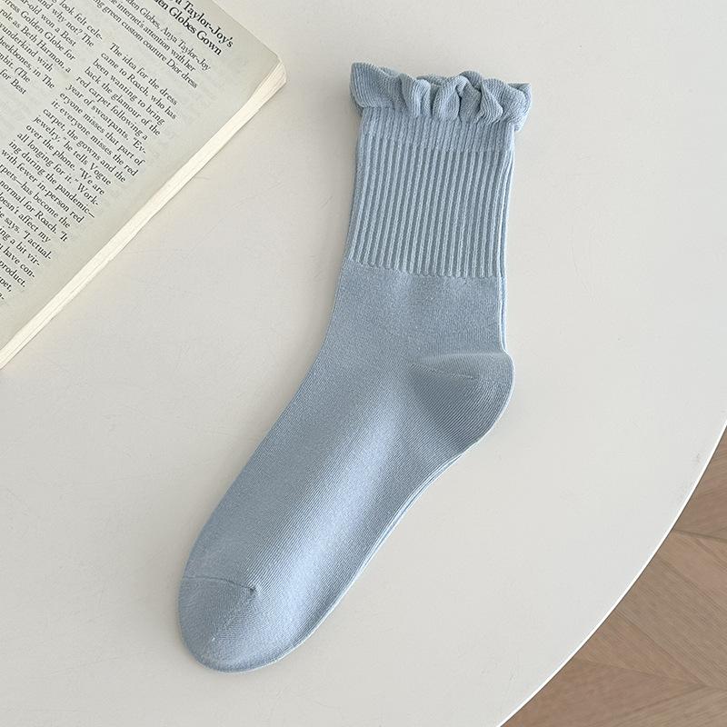 Calcetines de Algodón para Mujer de Primavera y Otoño de Color Puro con Encaje Agilla en el Tubo