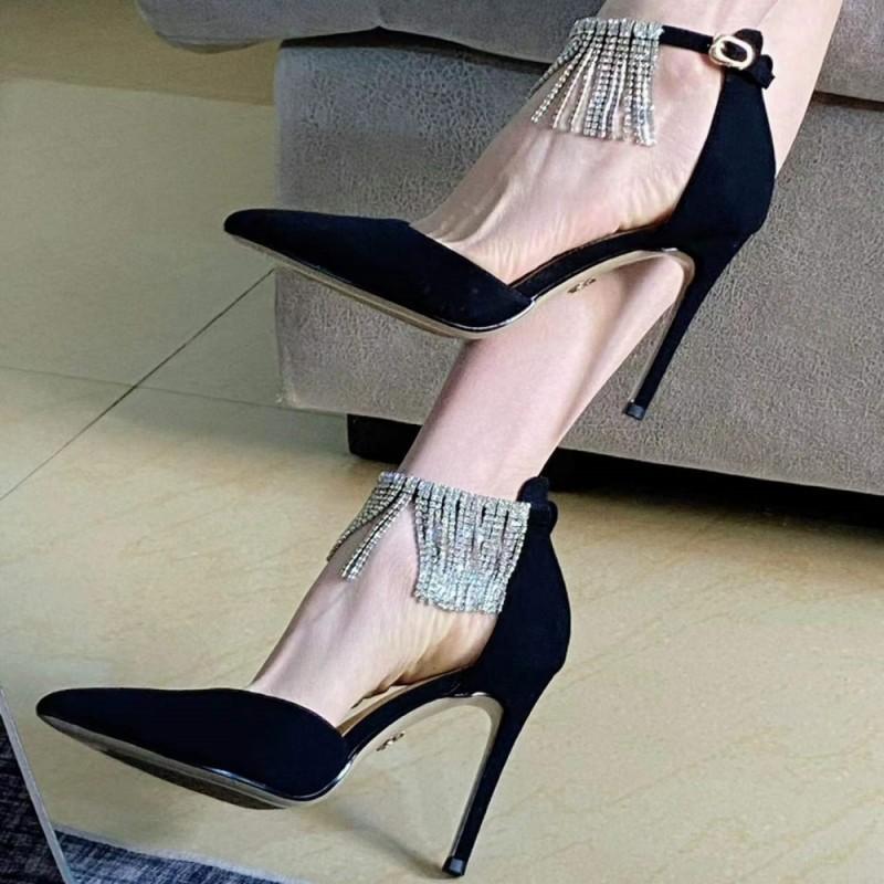 

Весна и Осень новая сумка голова сандалии женские тонкие высокие каблуки сексуальная цепочка кисточка пряжка на одно слово туфли-лодочки с острым носом женская обувь 39 чёрный