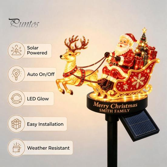 Decorative Lawn Stake for Christmas Santa And Reindeer Sleigh Solar Garden Light, Warm LED Pathway Claus Decorations Lamp, Powered Outdoor Waterproof