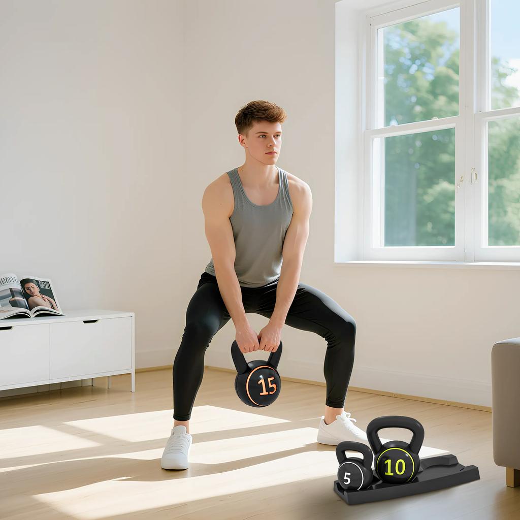 Three-Piece Kettlebell Set. 5lbs. 10lbs. 15lbs with Storage Tray