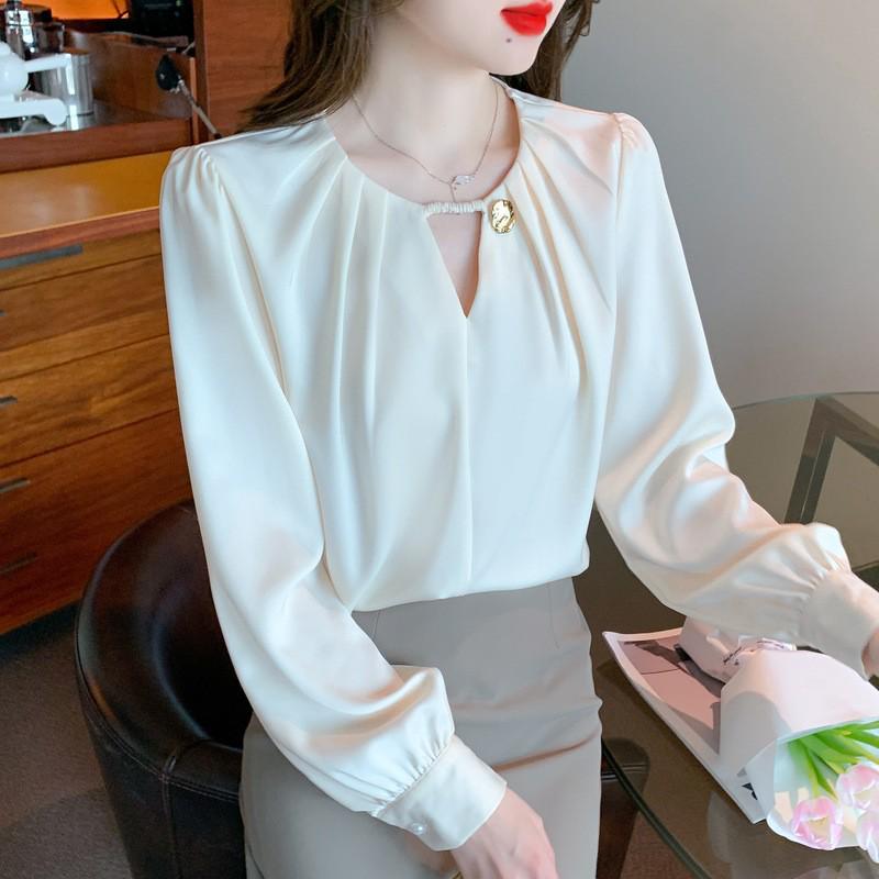 2026 Spring/Autumn Women's Stylish Long Sleeve Chiffon Top - Loose, Slimming, and Belly-Hiding Shirt