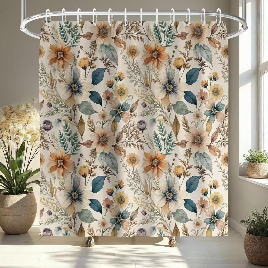 Nordic Style Colored Leaves Small Floral Pattern Printing Shower Curtain Decoration Home Bathroom Water Curtain