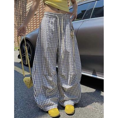 Fashion Plaid Wide Leg Pants Female Summer Loose High Waist Straight Pants Streetwear All Match Casual Trousers 2025