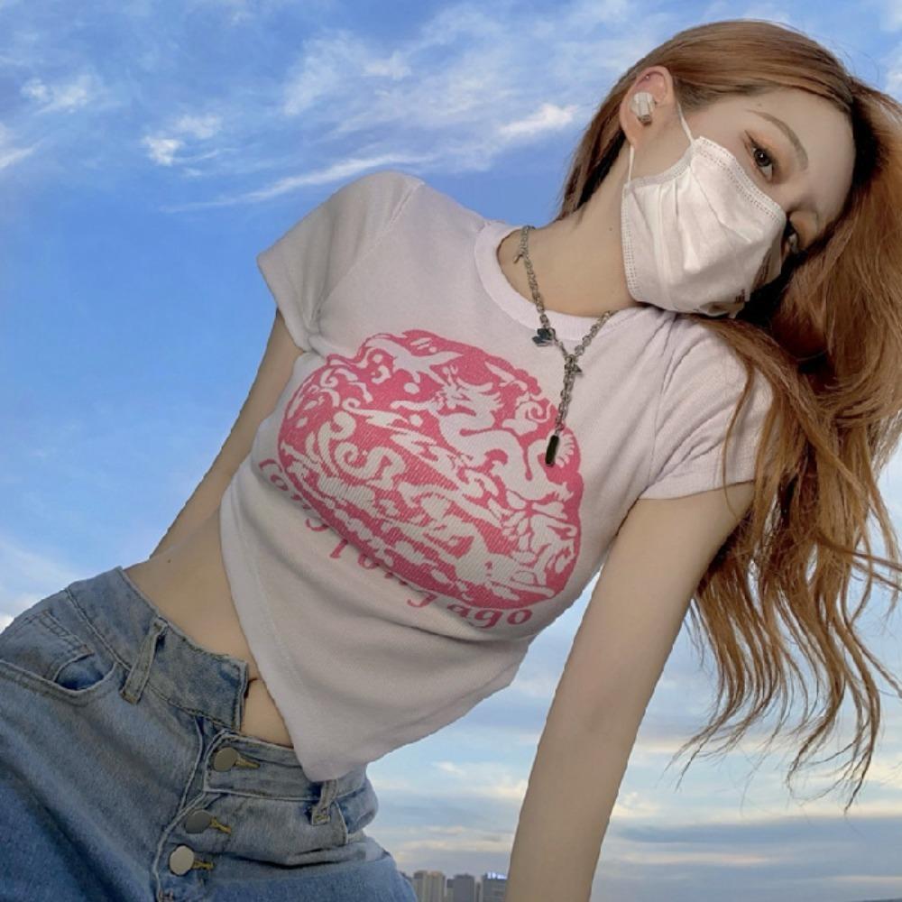 

Женская футболка с принтом «Дракон» с круглым вырезом и короткими рукавами, винтажные ретро-топы Y2K для девочек XL белый