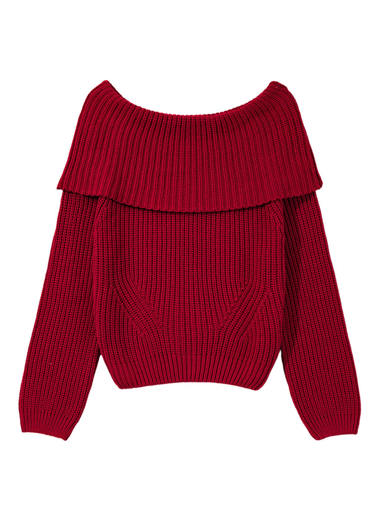 

Женский повседневный вязаный свитер с открытыми плечами - Европейский и американский стиль, Длинный рукав, Однотонный, Осенняя мода Small красный