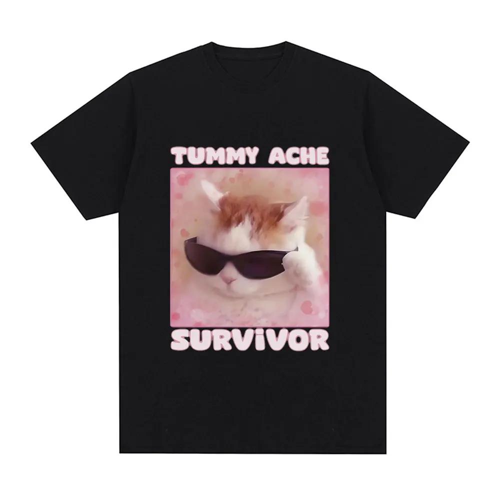 I Survived Today's Tummy Ache T-Shirt Funny Cat Meme Short Sleeve T Shirt Men Women Cotton Casual Oversized T Shirts Streetwear