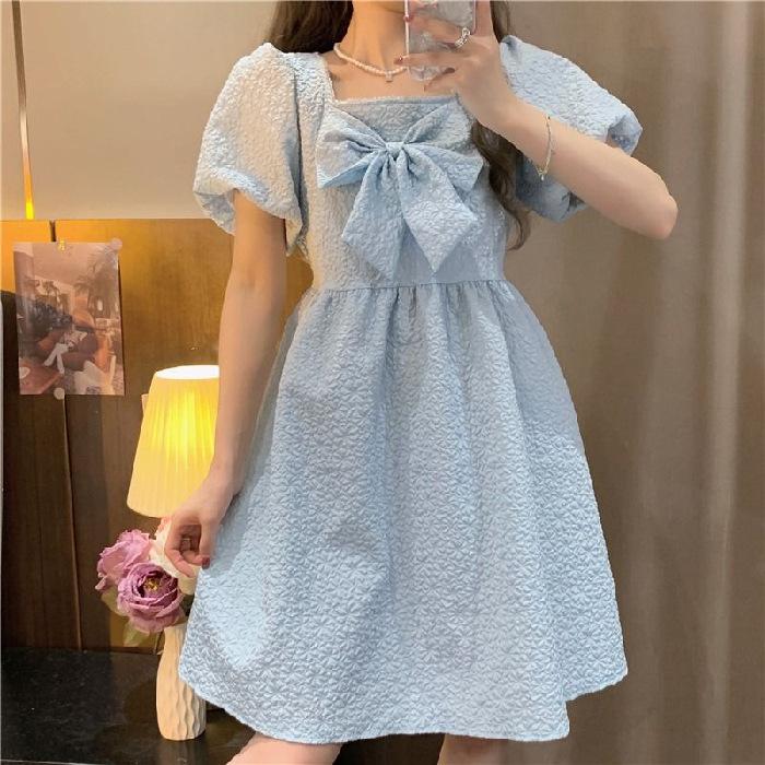 Summer French design sense niche sense square neck white bow dress fairy dress cake dress skirt women's clothing
