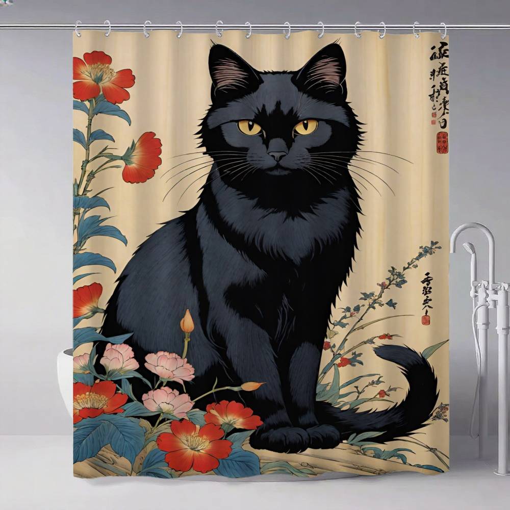 Japanese Cat Classic Vintage 1pc Pattern Shower Curtain Plus Hooks Waterproof Machine Washable Polyester Fabric Abstract