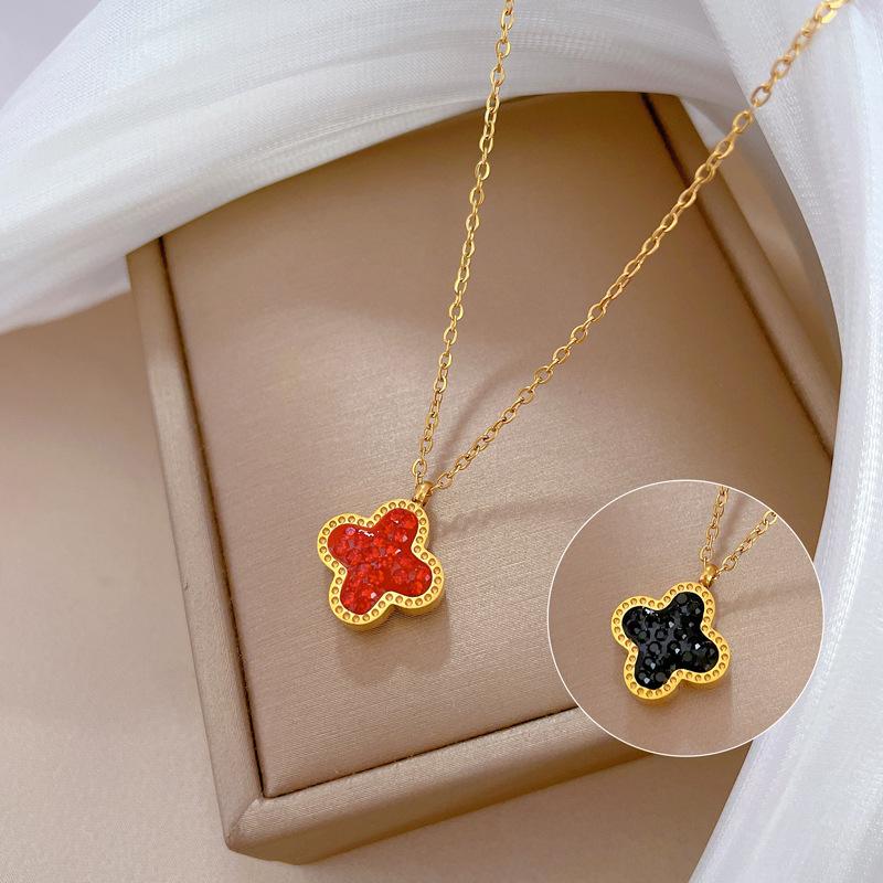 Double-Sided Lucky Grass Minimalist Wind Stove Real Gold Necklace Female Collarbone Chain Accessories