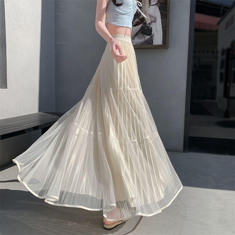 Gonna Lunga in Rete di Misto Cotone con Pieghe per l'Estate Casual da Donna