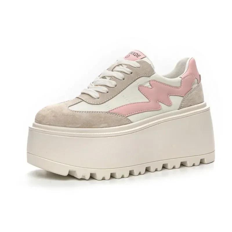 

Высококачественные женские толстые кроссовки 8 см, новые модные туфли на осень и весну из ткани свиной кожи, повседневные туфли на танкетке на платформе из натуральной кожи 33 розовый