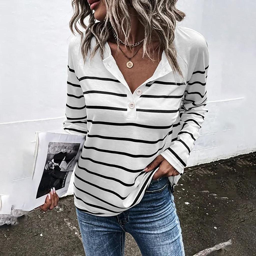 Ladies Casual Striped Round Neck Button Casual Loose Long Sleeve T-Shirt