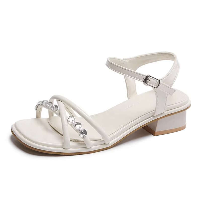Beautiful high heels thick heel versatile fairy wind beach shoes female 2025 summer new French rhinestone open-toed sandals