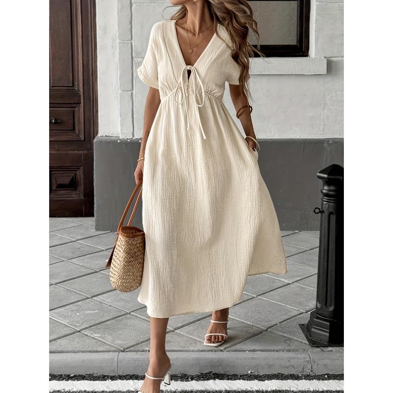 YYFS Damenmode Sommer Frühling Kurzarm V-Ausschnitt Hohe Taille Freizeitkleider