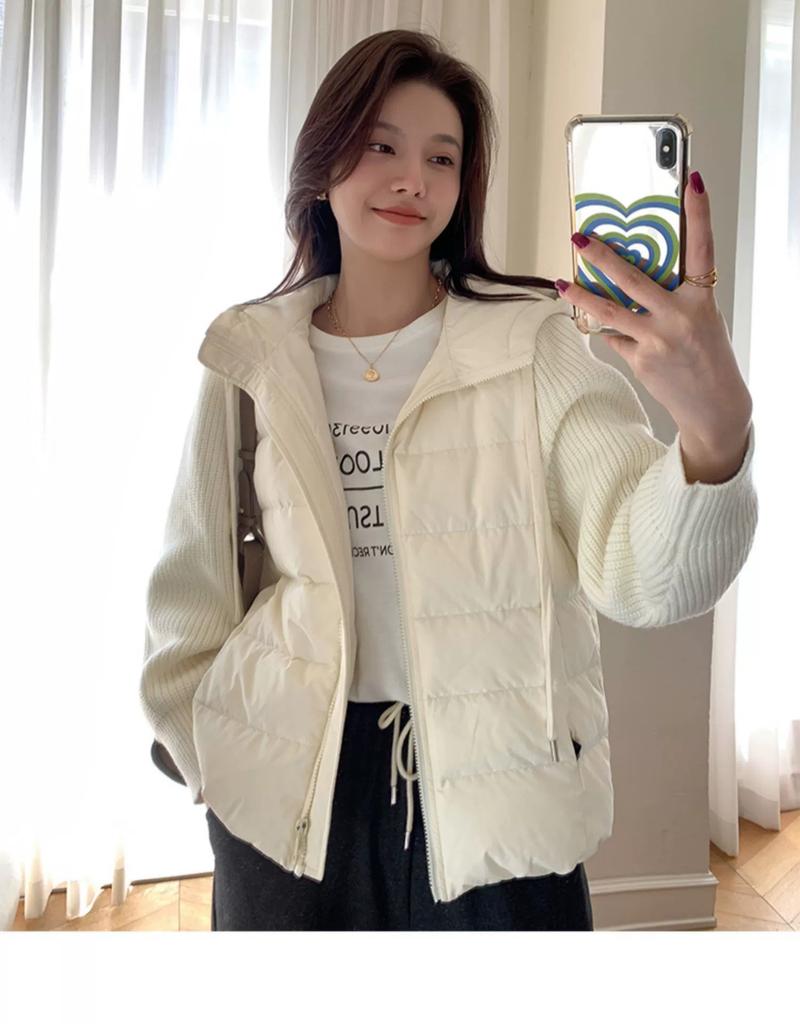Light and Thin Down Jacket Women's New Simple Short Fashion Design Sense White Duck Down Hooded Knitted Splicing Jacket