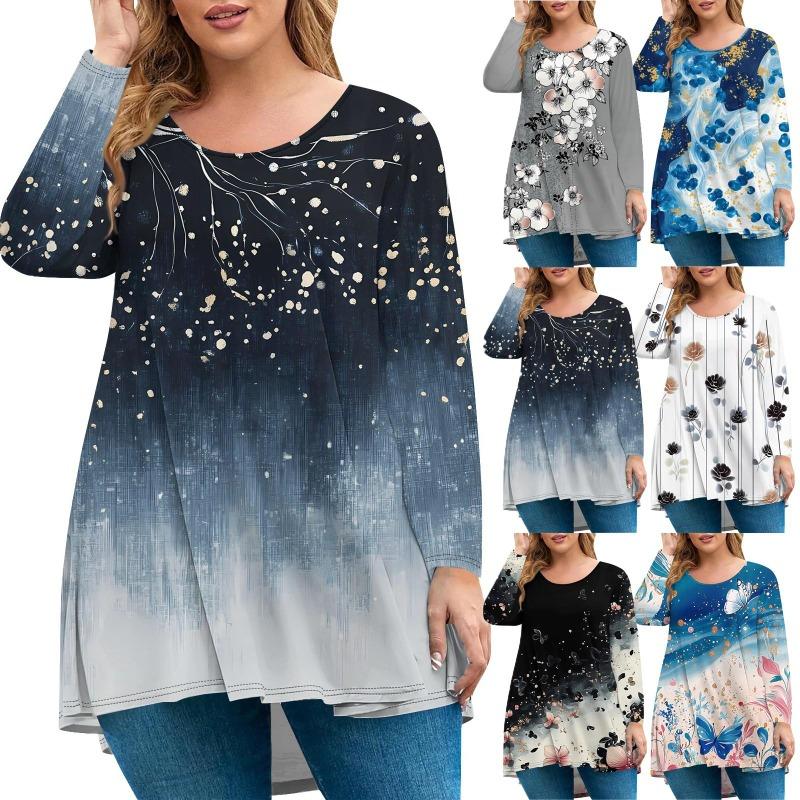 Women's Fashion Large Size Round Neck Long Sleeve Casual Print Loose Pullover Top T-Shirts Women’s