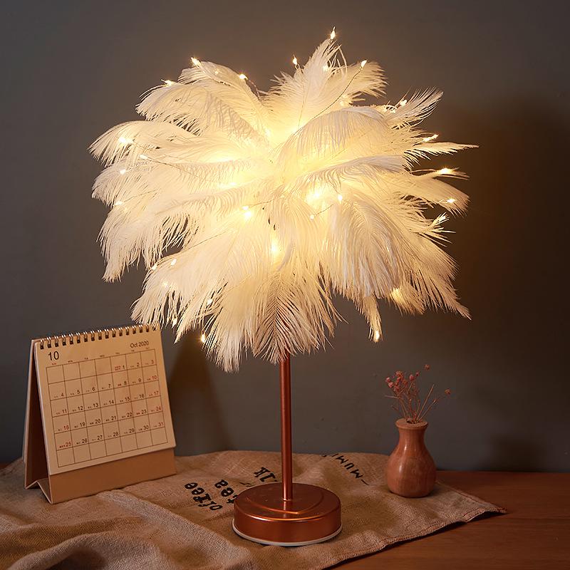 Feather Decoration Nordic Ins Style Bedside Lamp for Bedroom or Living Room - Modern Night Light