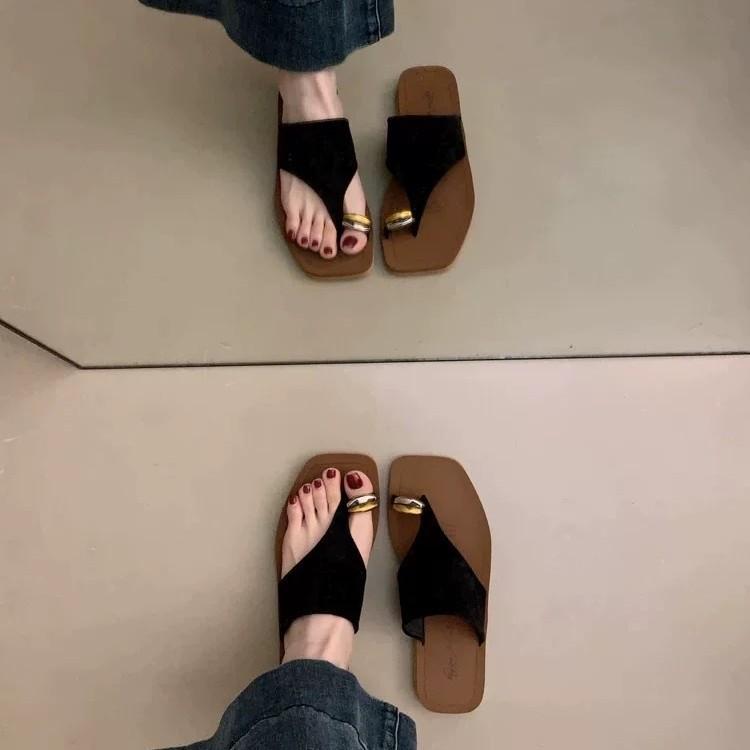 Sheepskin Version~ Retro Suede Metal Cover Toe Flip-flops Women's Outer Wear 2025 Summer Fashion Casual Flats