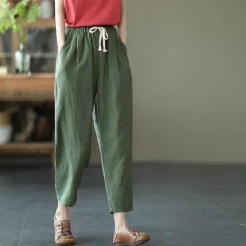 Spring Summer Cotton Linen Pants Women Solid Color Casual Ankle-length Pant Woman Lace-up Waist Loose Trousers