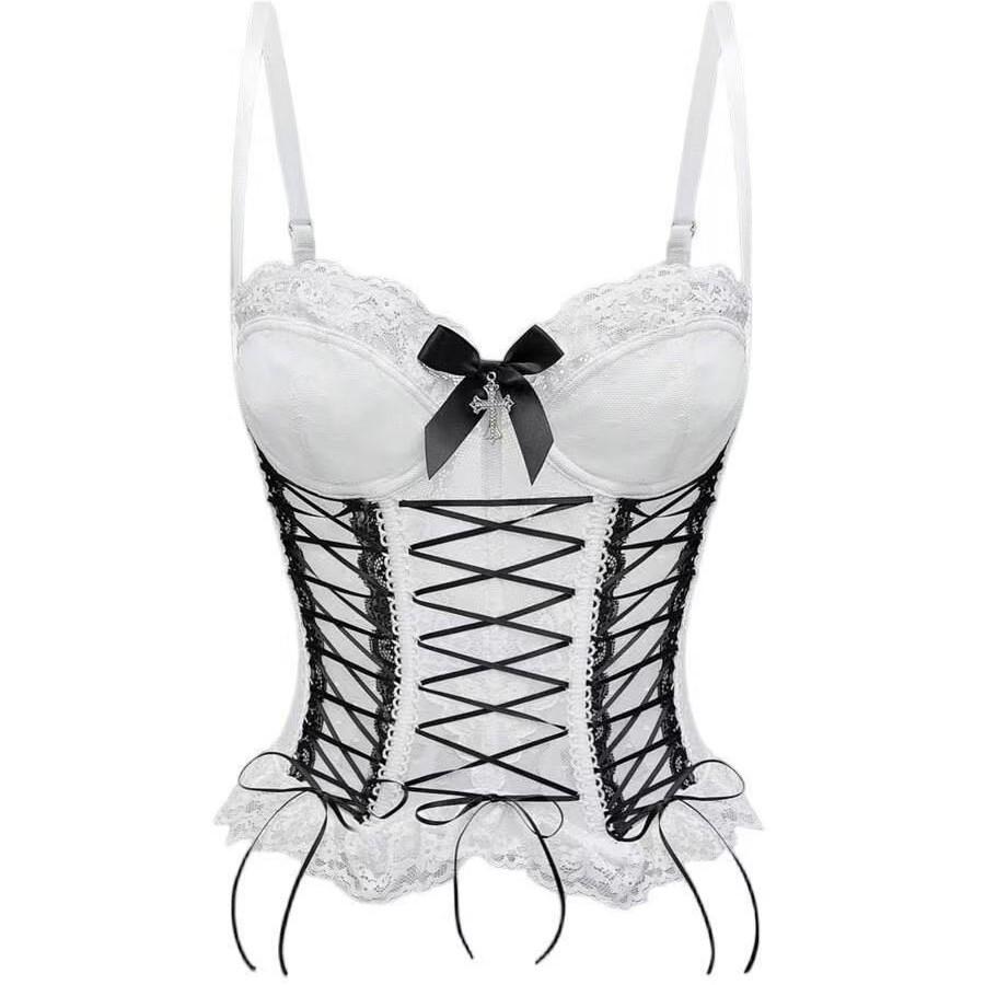 

Топ на бретелях с перекрестным кружевом Горячий Бант Кружевной жилет с перекрестным кружевом Формирующий корсет с косточками S белый