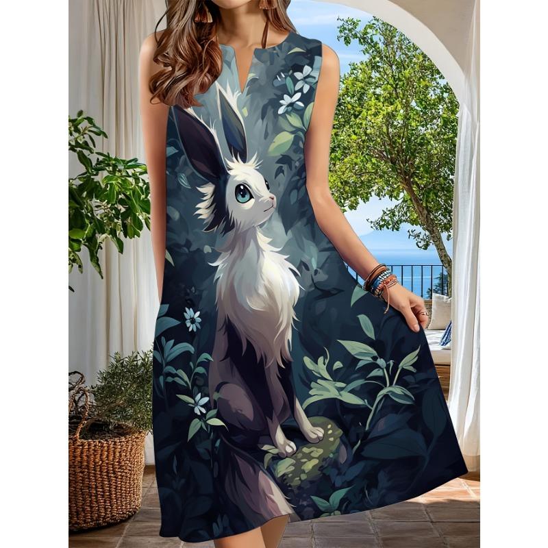 Robe d'été midi décontractée pour femme, sans manches, col fendu, avec imprimé animal fantastique et floral, pour la plage