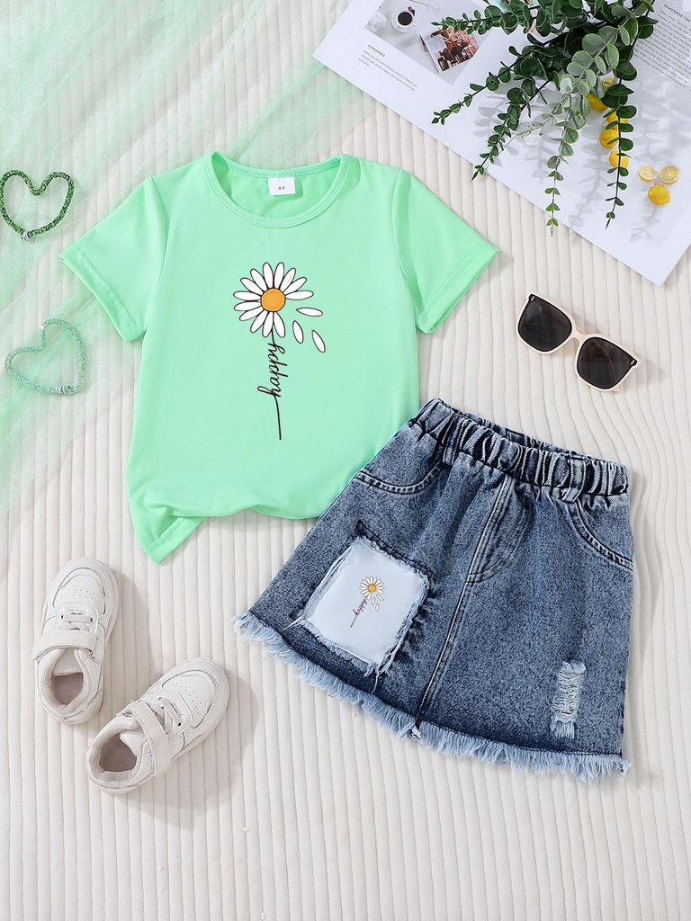 Girls' Casual Denim Skirt Sets - Stylish Children's Clothing Set