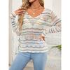 Women's New Spring and Summer Daily Comfortable and Loose Versatile Contrast Striped V-neck Knitted Hollow Sweater for Women