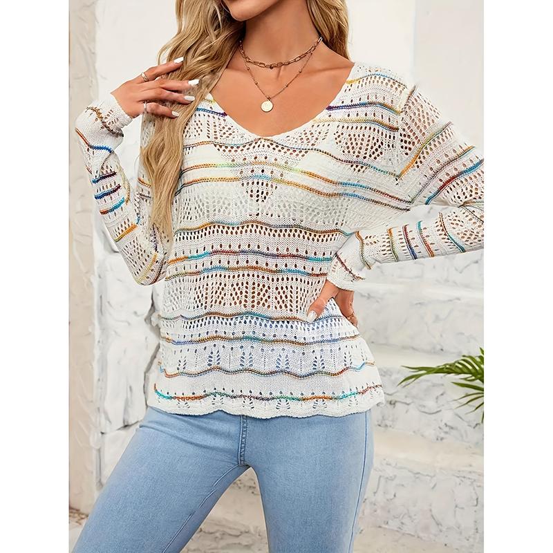 Women's New Spring and Summer Daily Comfortable and Loose Versatile Contrast Striped V-neck Knitted Hollow Sweater for Women