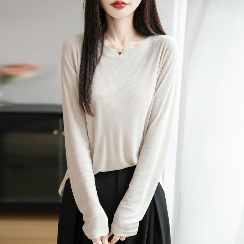 Summer New Crew Neck Knitted Sweater Long-sleeved Solid Color Loose Versatile Pullover Bottoming Shirt Women's Knitted Sunscreen Shirt