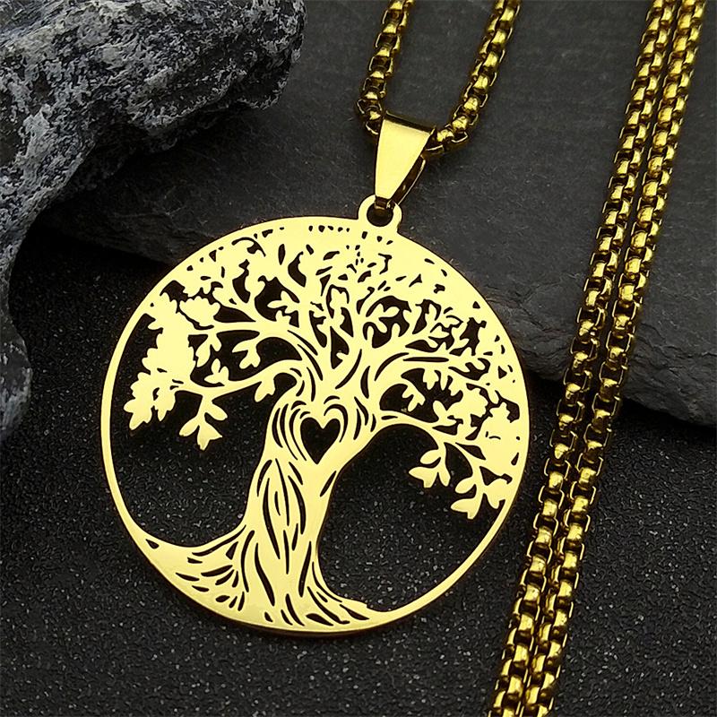 Aesthetic Tree of Life Love Heart Necklace for Women Men Stainless Steel Gold Color Lucky Amulet Chain Jewelry Necklace