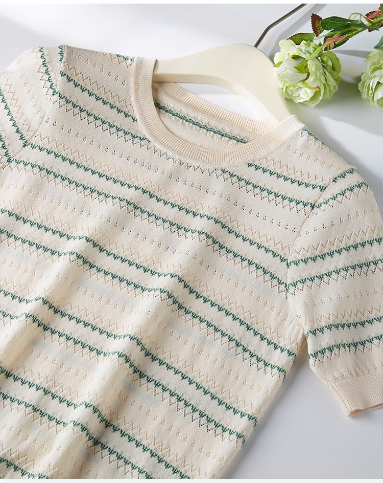 Women's 2026 Striped Ice Silk Knit Top - Summer Slim Fit, Petite, Round Neck, Jacquard Hollow, Short Sleeve.