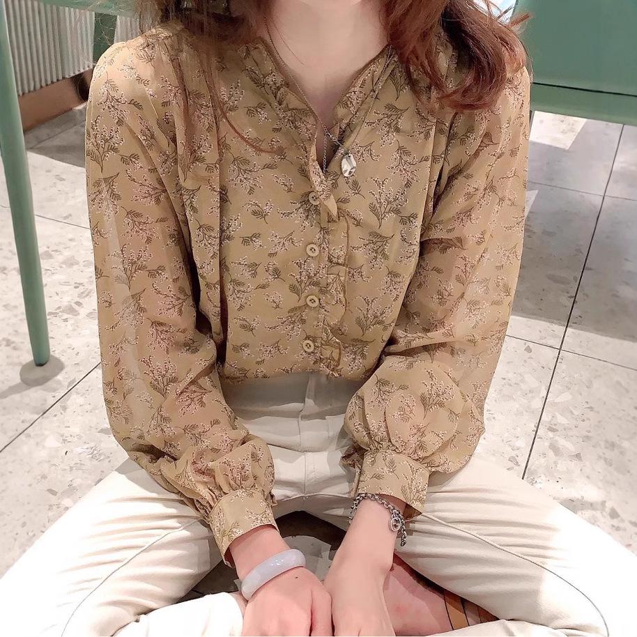 Spring/Autumn 2025 Korean Floral Chiffon Bubble Sleeve Blouse - Women's Long Sleeve Elegant Top