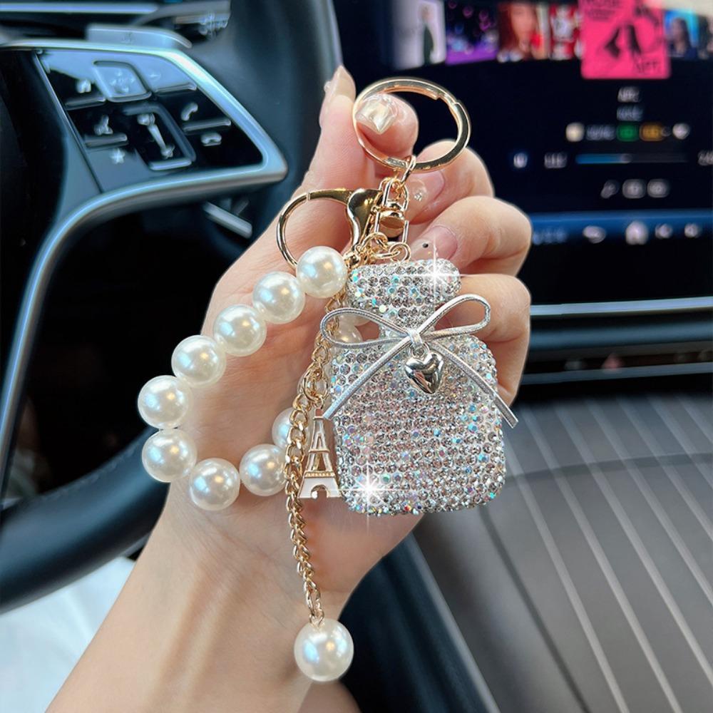 Pearls Perfume Shape Keychain Rhinestone Inlaid Perfume Shape Keyring  Fashion Accessory