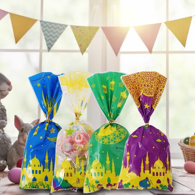 100pcs Eid Mubarak Gift Bags with Rope Moon Stars Biscuits Packaging Holder