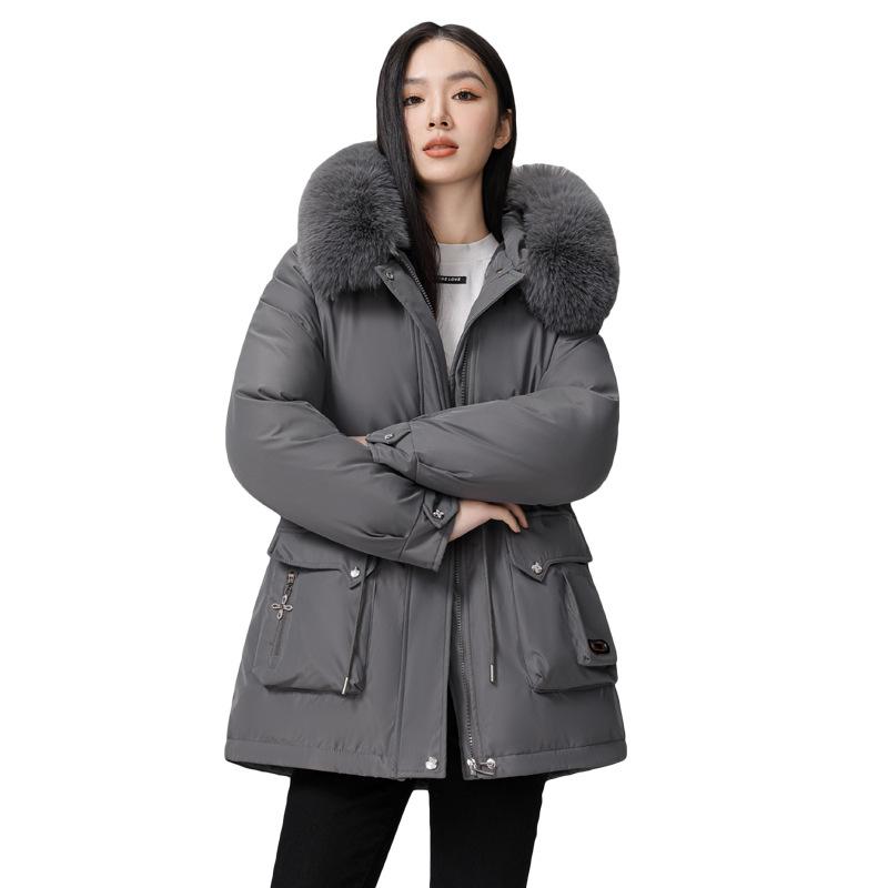 Women's Hair Collar Hooded Windproof Lightweight Thickened Fluffy Warm Warm Cold Medium-length Casual Sports Jacket Parka Cotton Jacket