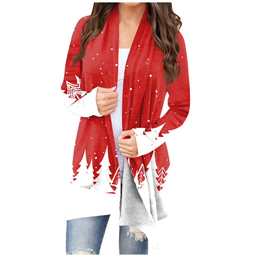 Women's Fashion Casual Christmas Print Mid Length Slim Fit Cardigan Coat