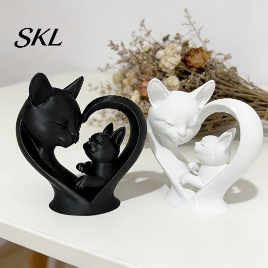 Cat Parent Child Ornament Mother Baby Figurine, 3D Printed Heart Sculpture for Desk Decor, Healing Gift Modern Art Statue Living Room Study,