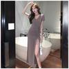 Sexy Solid Color Bubble Sleeve V-neck Pleated Dress Women's Summer High-end Temperament Waist Slim Split-ended Dress