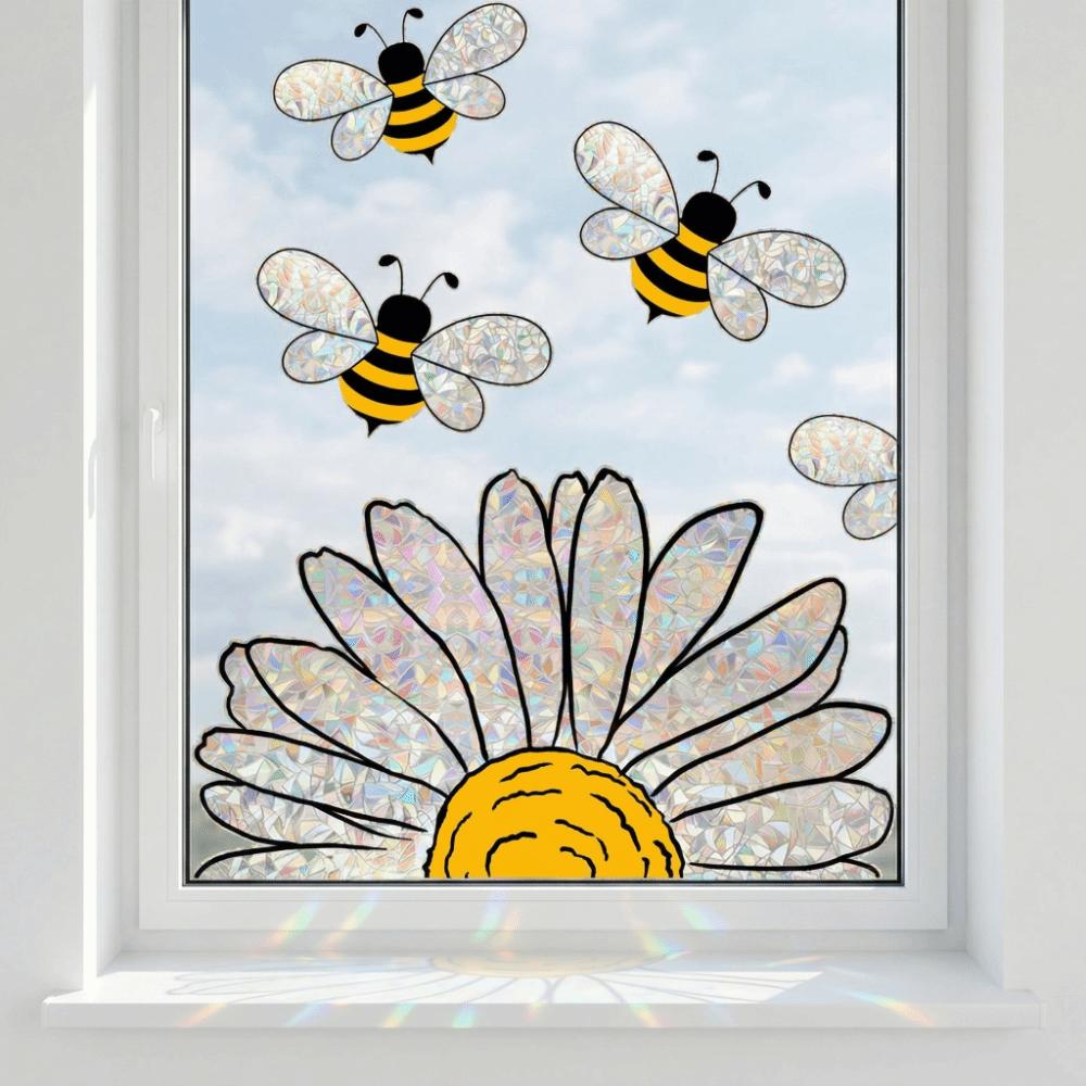 Removable Bee Glass Sticker Waterproof Sunflower Wall Decals Art Bee Window Stickers  Living Room